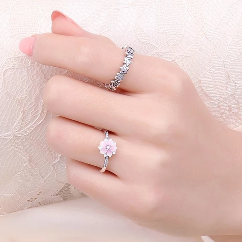 STERLING SILVER PINK ENAMEL MAGNOLIA FLOWER RING - Picture 8 of 8
